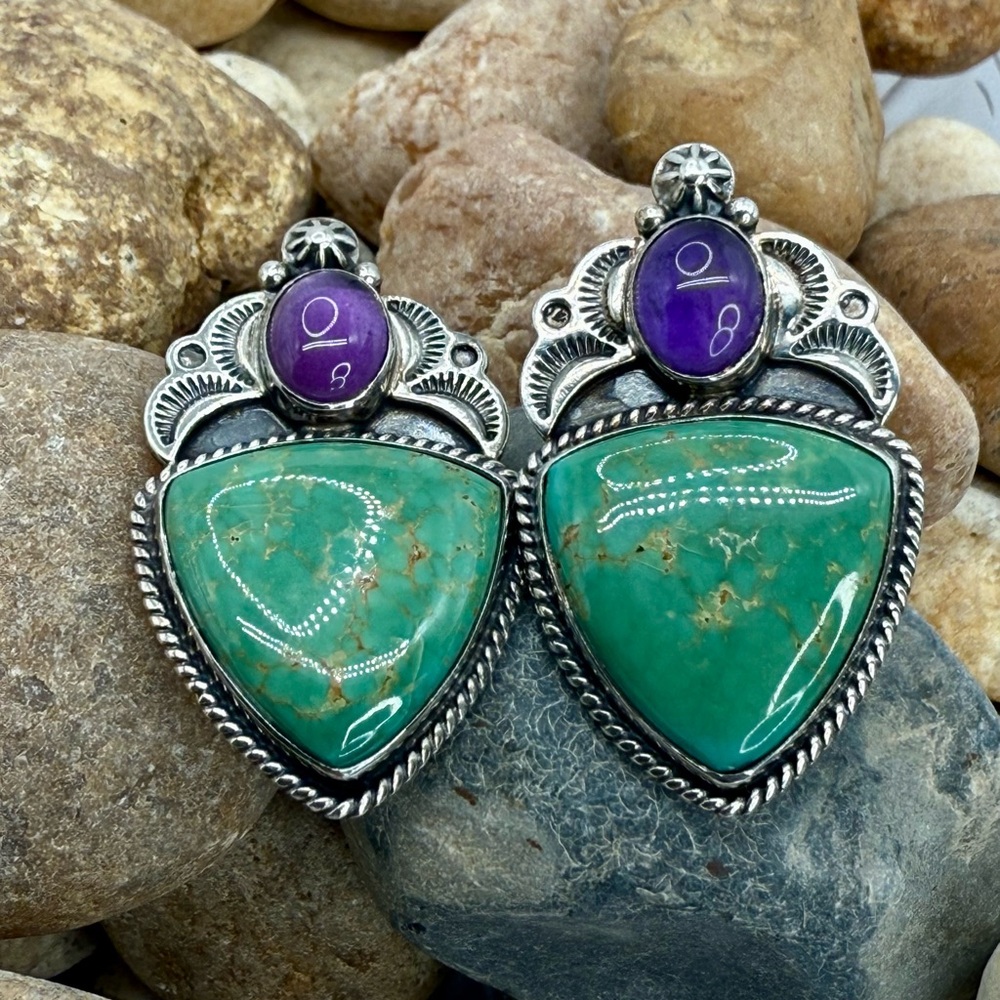 Native American Sterling Silver Turquoise & Amethyst Earrings  “Revé” – 22.64g